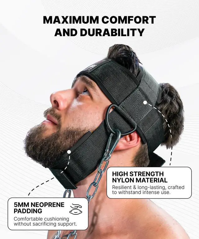 Alt view image 5 of 7 - Neck Harness for Weight Lifting - Soft Padded Head & Chin Strap with 30" Heavy Duty Steel Chain - Neck Exerciser, Trainer & Strengthener to Support Injury Recovery (Black)