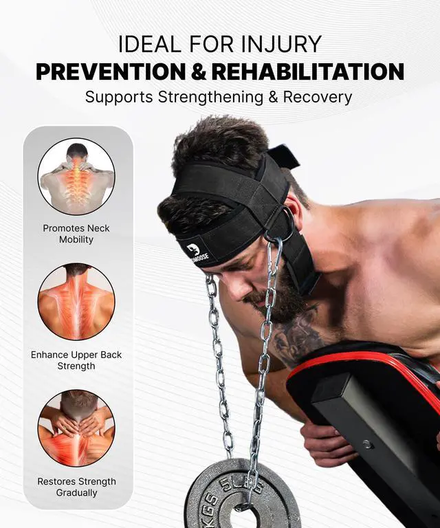Alt view image 6 of 7 - Neck Harness for Weight Lifting - Soft Padded Head & Chin Strap with 30" Heavy Duty Steel Chain - Neck Exerciser, Trainer & Strengthener to Support Injury Recovery (Black)