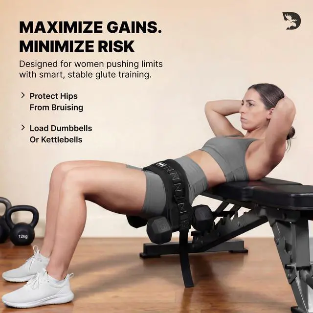 Alt view image 4 of 7 - Hip Thrust Belt - Dual-Strap Glute Builder for Dumbbells, Plates, Kettlebells (Supports up to 700 lbs) - Comfortable Padded Booty Belt for Home & Gym (Black)