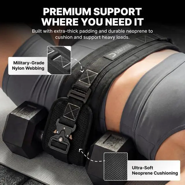 Alt view image 5 of 7 - Hip Thrust Belt - Dual-Strap Glute Builder for Dumbbells, Plates, Kettlebells (Supports up to 700 lbs) - Comfortable Padded Booty Belt for Home & Gym (Black)