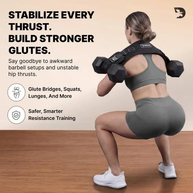 Alt view image 2 of 7 - Hip Thrust Belt - Dual-Strap Glute Builder for Dumbbells, Plates, Kettlebells (Supports up to 700 lbs) - Comfortable Padded Booty Belt for Home & Gym (Black)