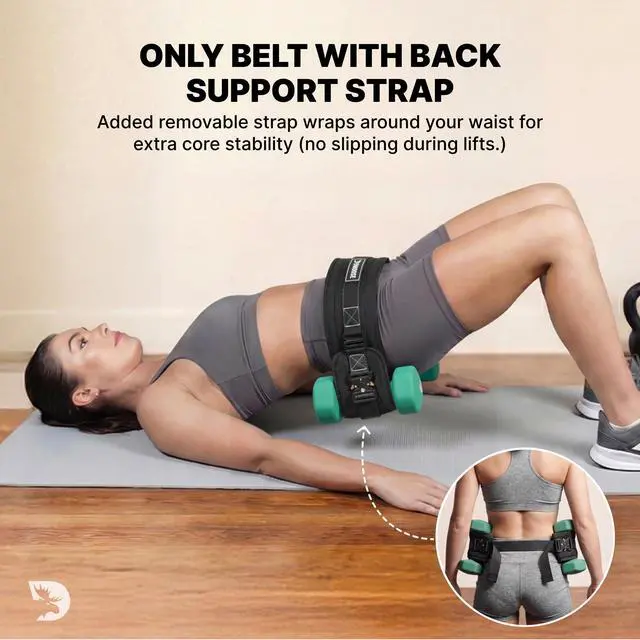 Alt view image 7 of 7 - Hip Thrust Belt - Dual-Strap Glute Builder for Dumbbells, Plates, Kettlebells (Supports up to 700 lbs) - Comfortable Padded Booty Belt for Home & Gym (Black)