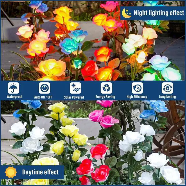Alt view image 5 of 6 - Solar Garden Lights - Upgraded Outdoor Light, 7-Color Changing Rose Lights for Yard,Garden Decoration, Enlarged Solar Panel, More Realistic Rose Flower (2 Packs)