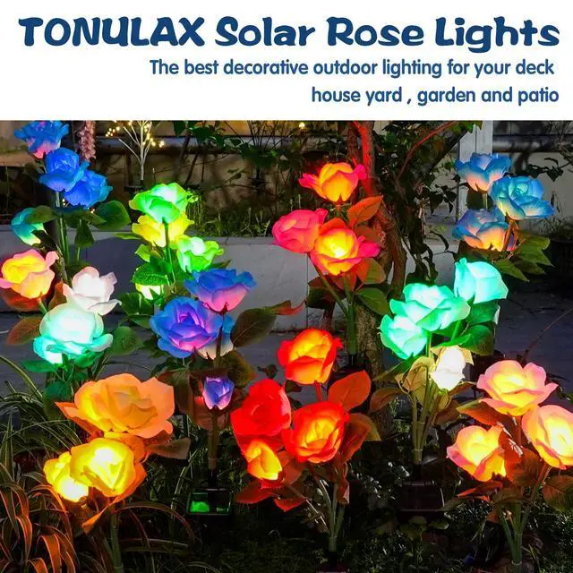 Alt view image 6 of 6 - Solar Garden Lights - Upgraded Outdoor Light, 7-Color Changing Rose Lights for Yard,Garden Decoration, Enlarged Solar Panel, More Realistic Rose Flower (2 Packs)