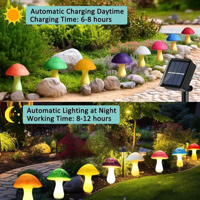 Alt view image 5 of 7 - Solar Garden Decor Lights 8 Crack Mushrooms Outdoor Decor Stake Lights, Waterproof Solar Pathway Light Gardening Gifts for Garden Gnomes Backyard Flower Bed Christmas Decorations