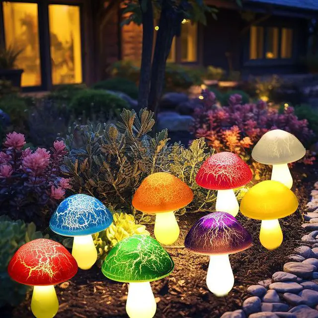 Alt view image 2 of 7 - Solar Garden Decor Lights 8 Crack Mushrooms Outdoor Decor Stake Lights, Waterproof Solar Pathway Light Gardening Gifts for Garden Gnomes Backyard Flower Bed Christmas Decorations
