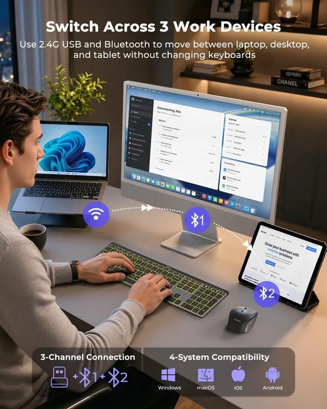 Alt view image 3 of 7 - COE64-3 Pro Wireless Bluetooth Keyboard Mouse Combo, 7-Color Backlit