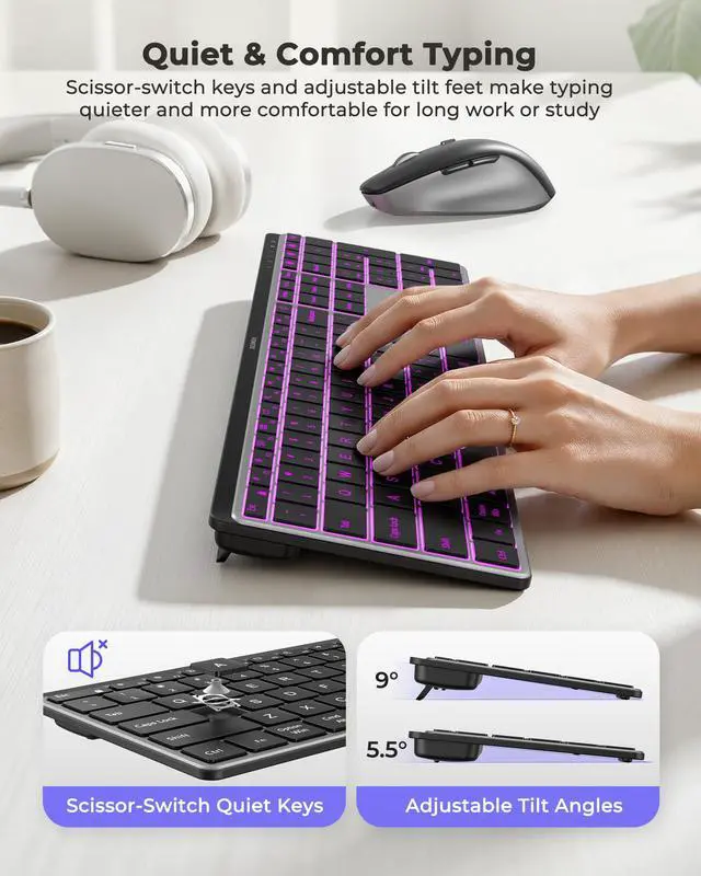 Alt view image 5 of 7 - COE64-3 Pro Wireless Bluetooth Keyboard Mouse Combo, 7-Color Backlit