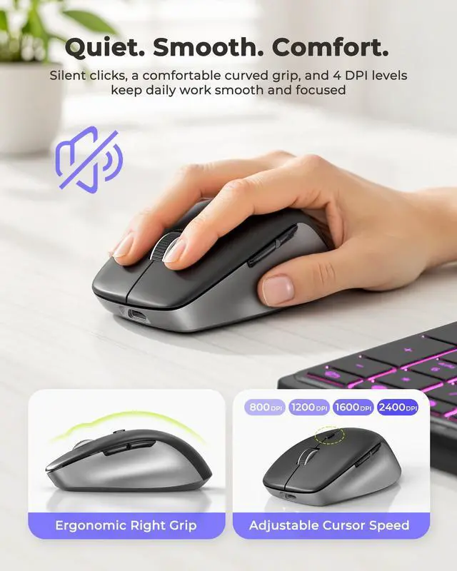 Alt view image 6 of 7 - COE64-3 Pro Wireless Bluetooth Keyboard Mouse Combo, 7-Color Backlit