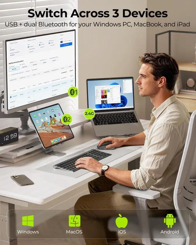 Alt view image 2 of 7 - COE401 3-Device Bluetooth Keyboard Mouse Combo, Silent, Black Gray