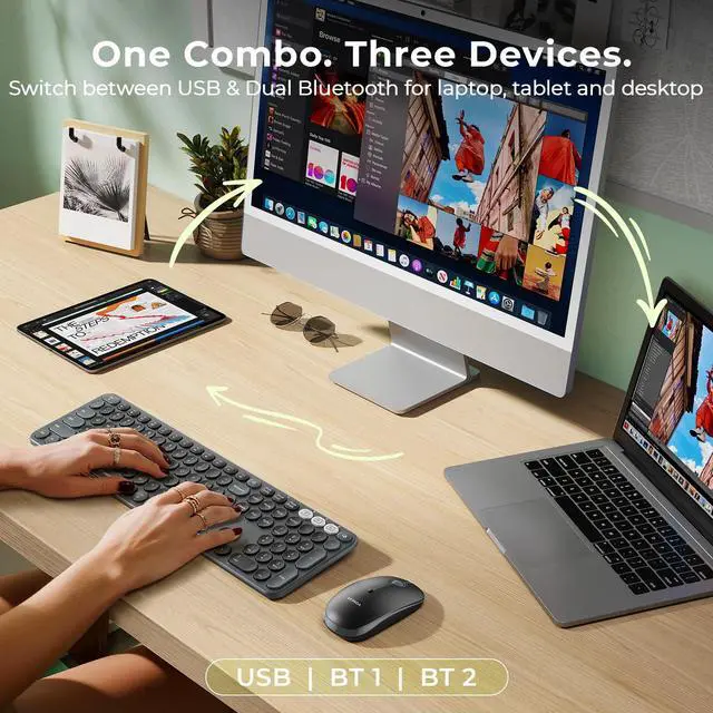 Alt view image 2 of 7 - COE202 Bluetooth Keyboard Mouse Combo, Retro Round Keys, Black