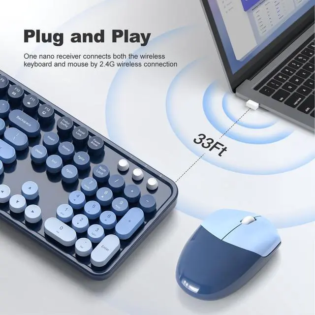 Alt view image 2 of 7 - Wireless Keyboard and Mouse Combo, 2.4GHz Gradient Colorful Full-Size Retro Typewriter Keyboard with Wireless Mouse for PC/Desktop/Laptop/Windows (Azure Blue)