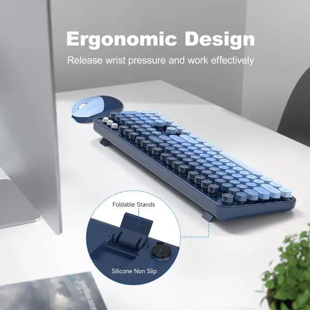 Alt view image 3 of 7 - Wireless Keyboard and Mouse Combo, 2.4GHz Gradient Colorful Full-Size Retro Typewriter Keyboard with Wireless Mouse for PC/Desktop/Laptop/Windows (Azure Blue)
