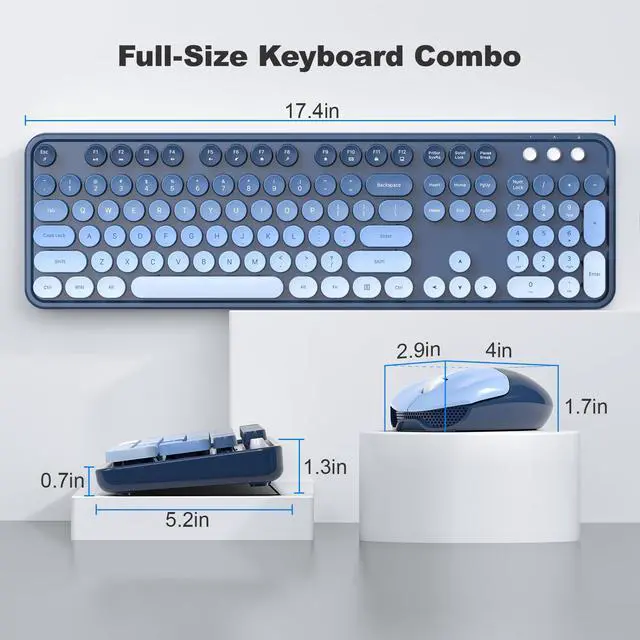 Alt view image 7 of 7 - Wireless Keyboard and Mouse Combo, 2.4GHz Gradient Colorful Full-Size Retro Typewriter Keyboard with Wireless Mouse for PC/Desktop/Laptop/Windows (Azure Blue)