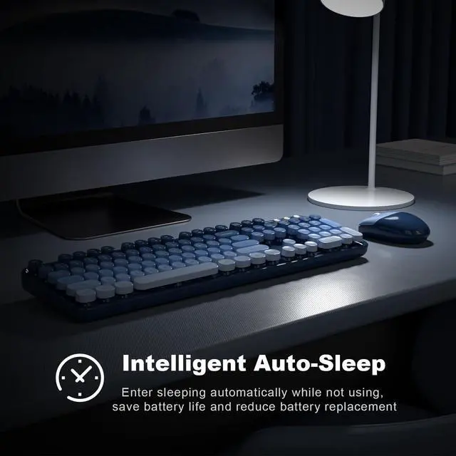 Alt view image 4 of 7 - Wireless Keyboard and Mouse Combo, 2.4GHz Gradient Colorful Full-Size Retro Typewriter Keyboard with Wireless Mouse for PC/Desktop/Laptop/Windows (Azure Blue)