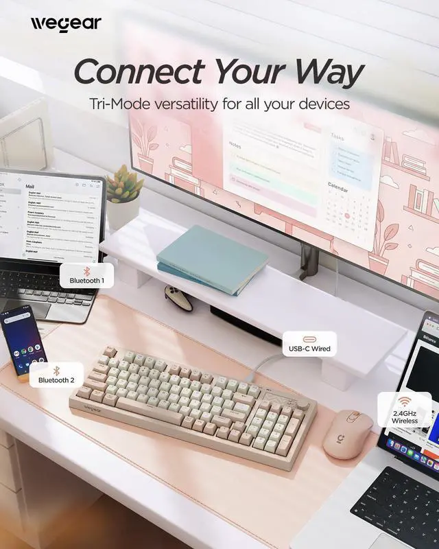 Alt view image 2 of 7 - Pastel Wireless Keyboard, Computer Gaming Keyboard -Pink
