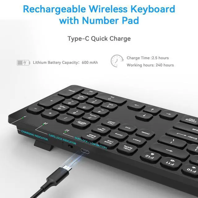 Alt view image 6 of 7 - Rechargeable Wireless Keyboard for Mac and Windows, Ultra Slim 2.4GHz Full-Size Keyboard with Low-Profile Quiet Keys, Compatible with PC, Laptop, Windows 11/10/8/7 (Black)