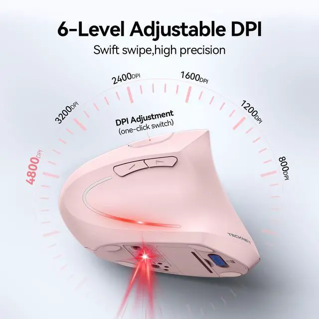 Alt view image 3 of 7 - Ergonomic Mouse, Wireless Bluetooth Vertical Mouse, 4800 DPI Optical Tracking, 6 Adjustable DPI, Quiet Clicks, 2.4GHz with USB A Receiver, 12 Months Battery, 6 Buttons, Wide Compatibility