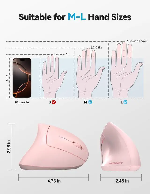 Alt view image 6 of 7 - Ergonomic Mouse Pink Rechargeable Vertical Wireless Mice Right Hand