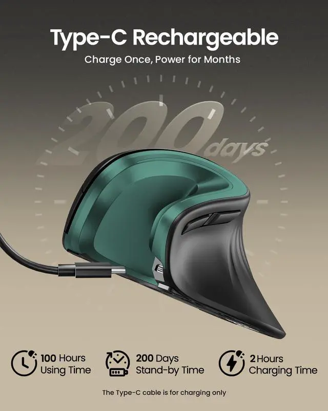 Alt view image 2 of 7 - EM11 NL Wireless Ergonomic Mouse, Rechargeable Vertical Mice