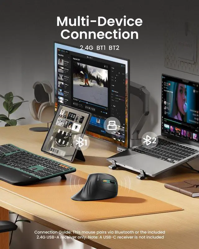Alt view image 3 of 7 - EM11 NL Wireless Ergonomic Mouse, Rechargeable Vertical Mice