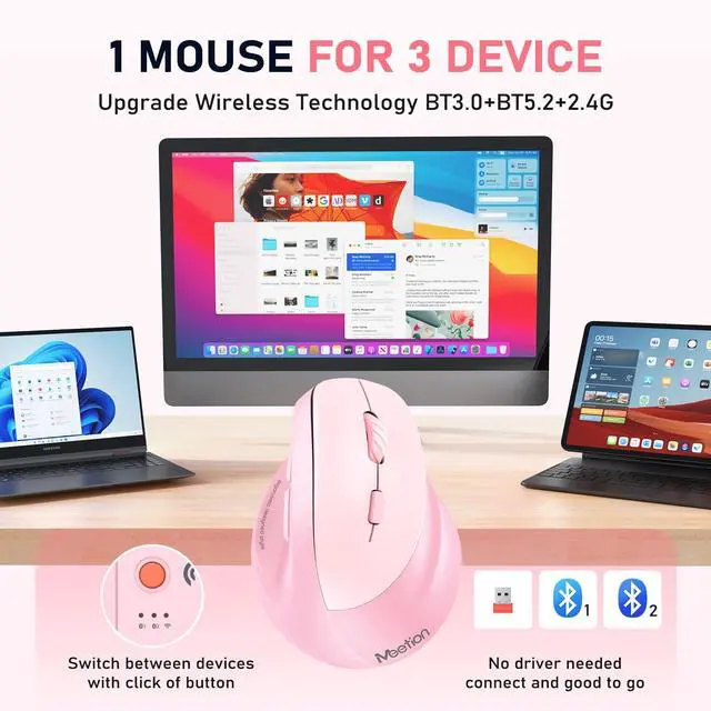 Alt view image 4 of 7 - Ergonomic Wireless Vertical Mouse, Rechargeable, Pink