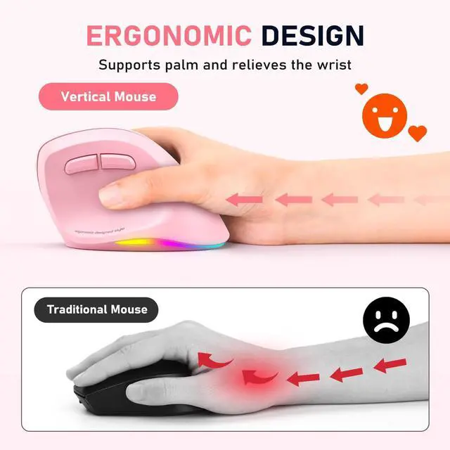 Alt view image 3 of 7 - Ergonomic Wireless Vertical Mouse, Rechargeable, Pink