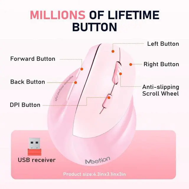 Alt view image 7 of 7 - Ergonomic Wireless Vertical Mouse, Rechargeable, Pink