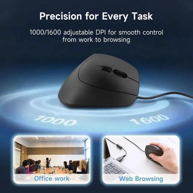 Alt view image 3 of 7 - Wired Ergonomic Mouse, 55° Vertical Mouse with LED Light, Black