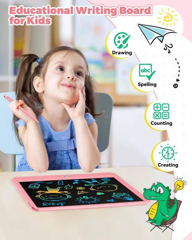 Alt view image 2 of 7 - 12 Inch LCD Writing Tablet with Anti-Lost Stylus, Erasable Doodle Board Colorful Toddler Drawing Pad, Car Travel School Games Toys for 3 4 5 6 7 8 Kids, Birthday Gift for Girls Boys Adults Pink