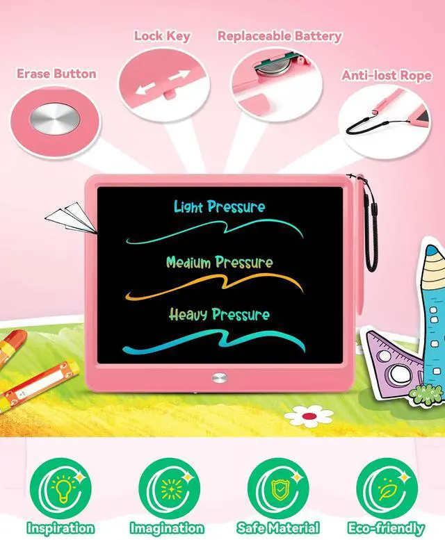 Alt view image 4 of 7 - 12 Inch LCD Writing Tablet with Anti-Lost Stylus, Erasable Doodle Board Colorful Toddler Drawing Pad, Car Travel School Games Toys for 3 4 5 6 7 8 Kids, Birthday Gift for Girls Boys Adults Pink