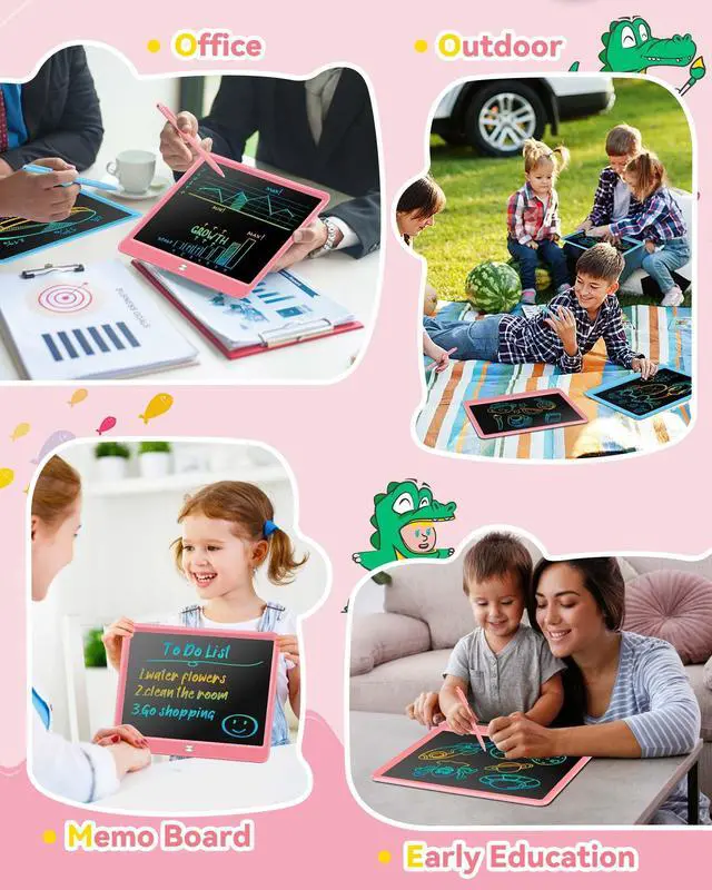 Alt view image 6 of 7 - 12 Inch LCD Writing Tablet with Anti-Lost Stylus, Erasable Doodle Board Colorful Toddler Drawing Pad, Car Travel School Games Toys for 3 4 5 6 7 8 Kids, Birthday Gift for Girls Boys Adults Pink