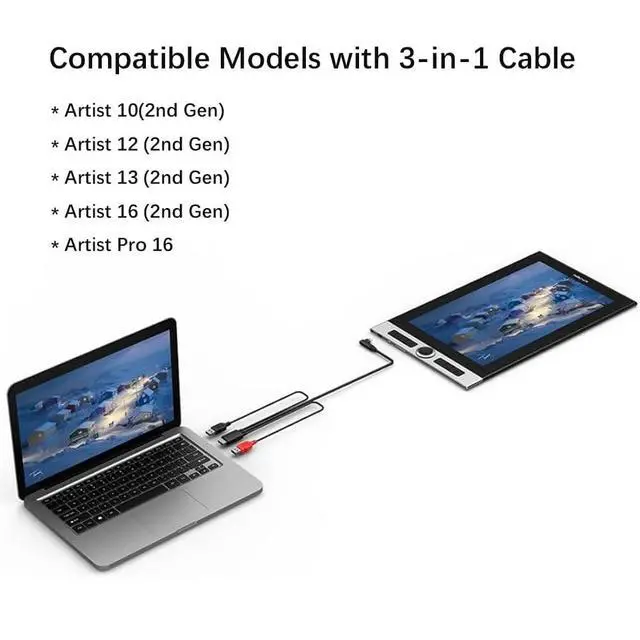 Alt view image 2 of 7 - 3 in 1 Cable Suitable for XP-Pen Artist 12, Artist 10/12/13/16 2nd, Artist Pro 14(Gen2)/16(Gen2), Artist Pro 16, Innovator 16, for Drawing Tablet Pen Display