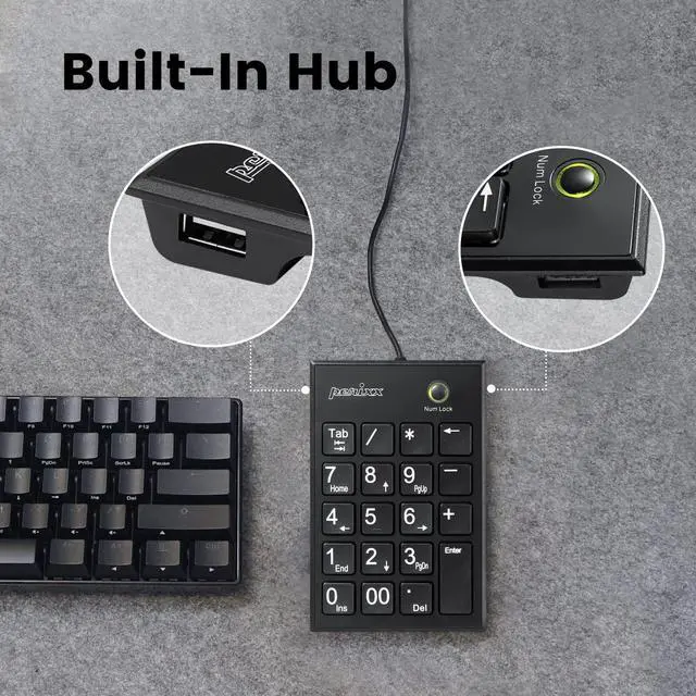 Alt view image 3 of 7 - Peripad-202H Wired Slim Numeric Keypad, X Type Scissor Keys with 2 USB Hubs and Tab Key, Black
