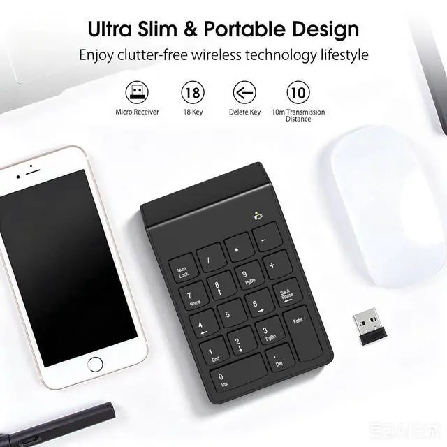 Alt view image 3 of 6 - Wireless Number Pad, Portable Numeric Keypad 2.4G 18 Keys 10 Key USB Keypad for Laptop/Notebook/Surface Pro/PC, Financial Accounting Number Pad Keyboard - Black