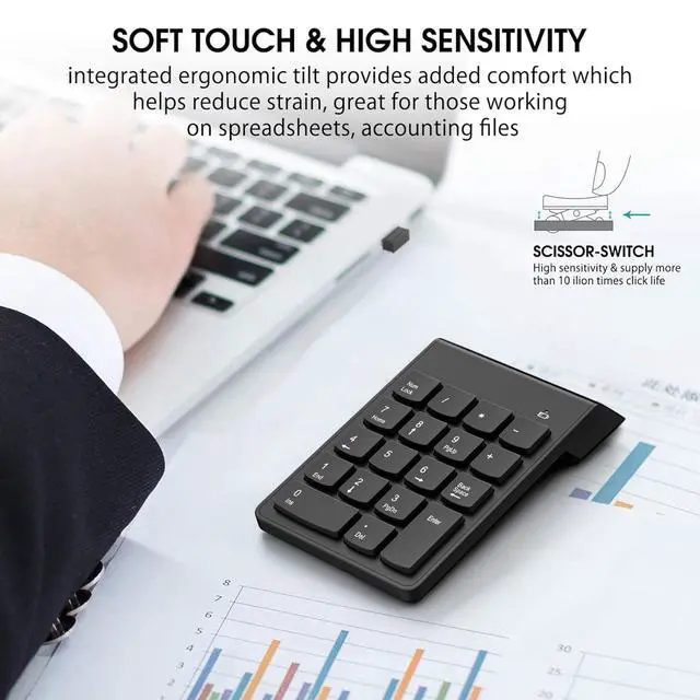 Alt view image 4 of 6 - Wireless Number Pad, Portable Numeric Keypad 2.4G 18 Keys 10 Key USB Keypad for Laptop/Notebook/Surface Pro/PC, Financial Accounting Number Pad Keyboard - Black
