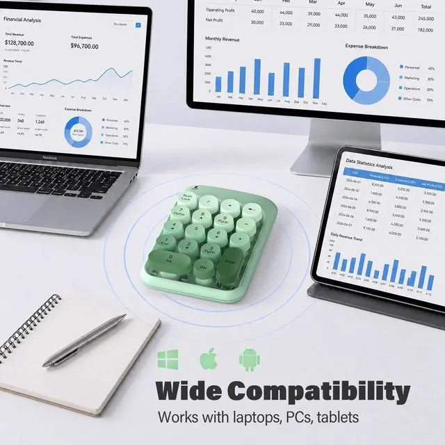 Alt view image 3 of 7 - Wireless Number Pads, Colorful 2.4G Wireless 18 Keys Numeric Keypad Portable 10 Key Numpad for Financial Accounting, Laptop, PC, Computer, Notebook- Green Gradient