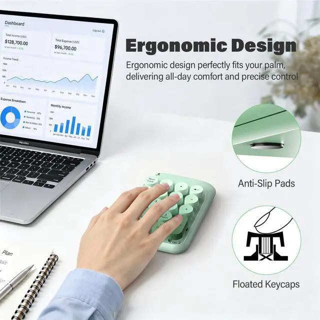 Alt view image 4 of 7 - Wireless Number Pads, Colorful 2.4G Wireless 18 Keys Numeric Keypad Portable 10 Key Numpad for Financial Accounting, Laptop, PC, Computer, Notebook- Green Gradient