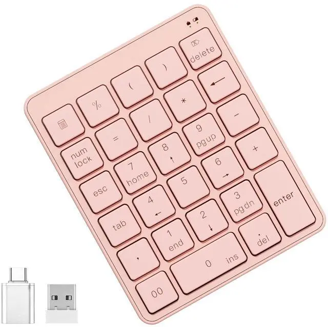 Main image of Wireless Number Pad with USB to USB-C Adapter, Numeric Keypad Numpad 28 Keys Portable 2.4 GHz Accounting Number Keyboard, 10 Key USB Keypad for Laptop, PC, Desktop, Surface Pro, Notebook - Pink