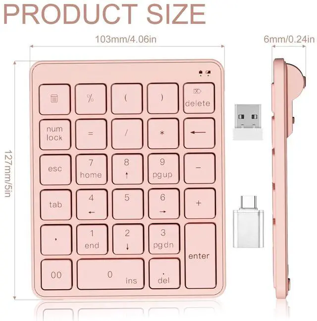 Alt view image 2 of 7 - Wireless Number Pad with USB to USB-C Adapter, Numeric Keypad Numpad 28 Keys Portable 2.4 GHz Accounting Number Keyboard, 10 Key USB Keypad for Laptop, PC, Desktop, Surface Pro, Notebook - Pink