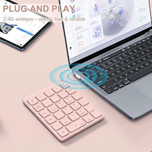 Alt view image 3 of 7 - Wireless Number Pad with USB to USB-C Adapter, Numeric Keypad Numpad 28 Keys Portable 2.4 GHz Accounting Number Keyboard, 10 Key USB Keypad for Laptop, PC, Desktop, Surface Pro, Notebook - Pink