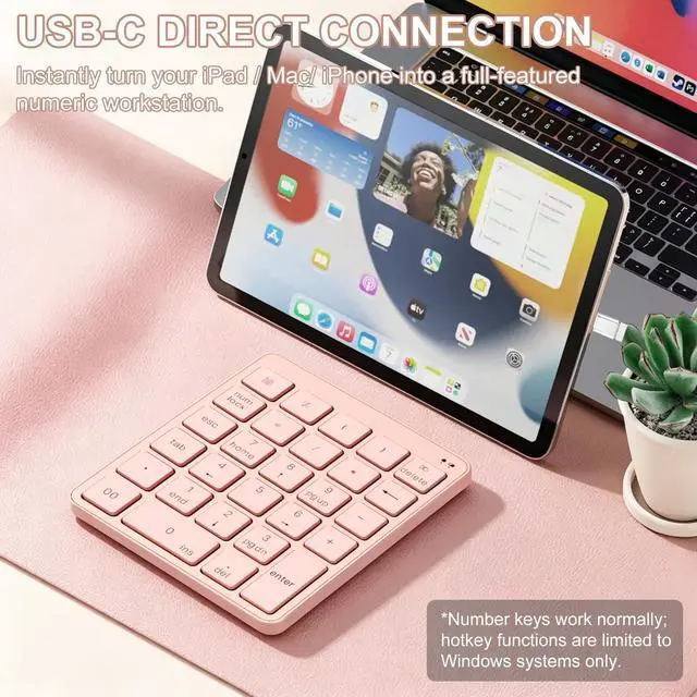 Alt view image 4 of 7 - Wireless Number Pad with USB to USB-C Adapter, Numeric Keypad Numpad 28 Keys Portable 2.4 GHz Accounting Number Keyboard, 10 Key USB Keypad for Laptop, PC, Desktop, Surface Pro, Notebook - Pink