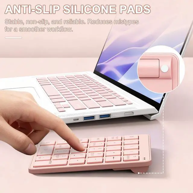 Alt view image 5 of 7 - Wireless Number Pad with USB to USB-C Adapter, Numeric Keypad Numpad 28 Keys Portable 2.4 GHz Accounting Number Keyboard, 10 Key USB Keypad for Laptop, PC, Desktop, Surface Pro, Notebook - Pink