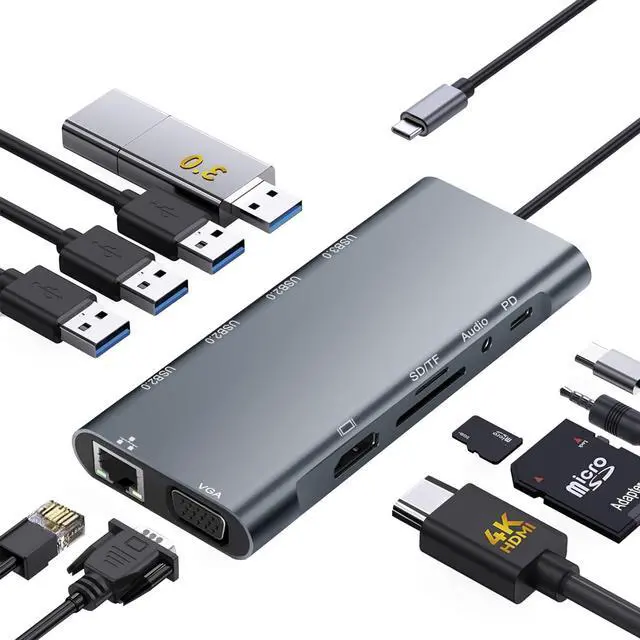 Main image of USB C Hub Multiport Adapter, 11 in 1 USB C Docking Station with 4K HDMI, 1080P VGA, 100W PD, USB 3.0, RJ45 Ethernet, TF/SD Card Reader, 3.5mm Audio, USBC Dongle for MacBook Pro/Air, Windows, Laptops