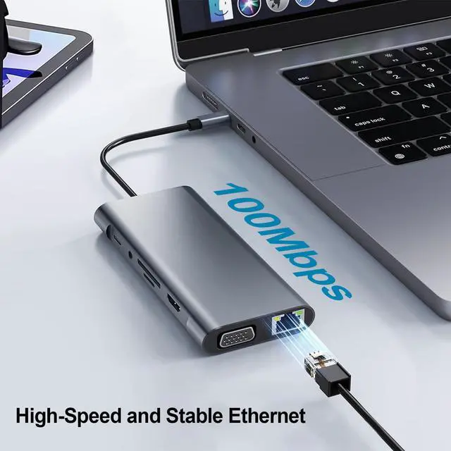 Alt view image 4 of 7 - USB C Hub Multiport Adapter, 11 in 1 USB C Docking Station with 4K HDMI, 1080P VGA, 100W PD, USB 3.0, RJ45 Ethernet, TF/SD Card Reader, 3.5mm Audio, USBC Dongle for MacBook Pro/Air, Windows, Laptops