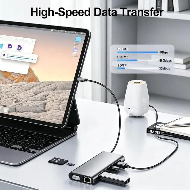 Alt view image 5 of 7 - USB C Hub Multiport Adapter, 11 in 1 USB C Docking Station with 4K HDMI, 1080P VGA, 100W PD, USB 3.0, RJ45 Ethernet, TF/SD Card Reader, 3.5mm Audio, USBC Dongle for MacBook Pro/Air, Windows, Laptops