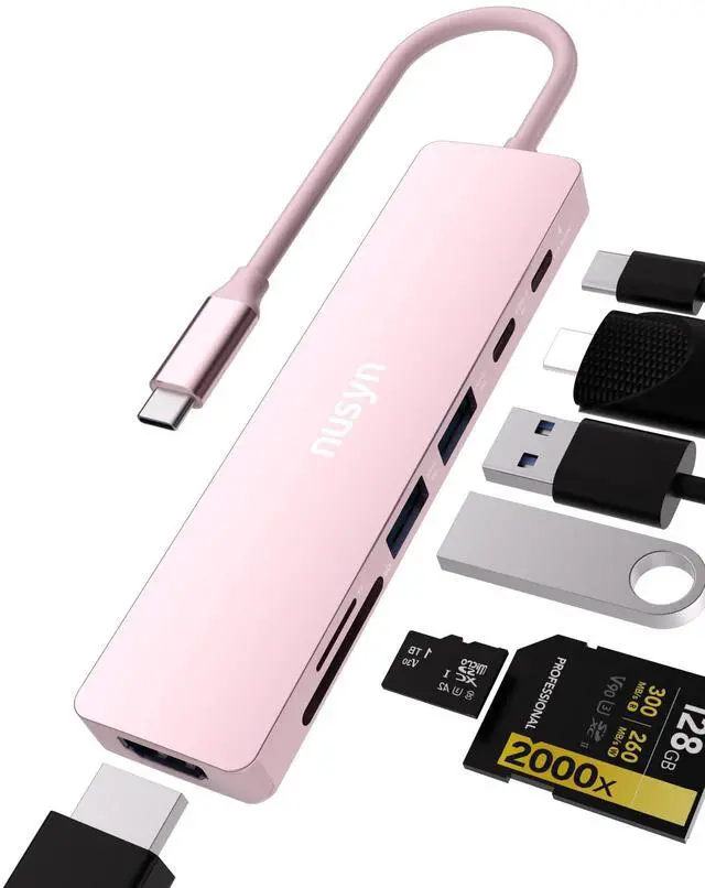 Main image of 7-in-1 USB C Hub with 4K@60Hz HDMI, 2 USB-A, 1 USB-C, 100W PD Charging, SD 3.0 /TF 3.0 Card Reader, Compatible with MacBook Pro/Air/Neo, iPad Pro, iMac, iPhone 15-17 (Blush)