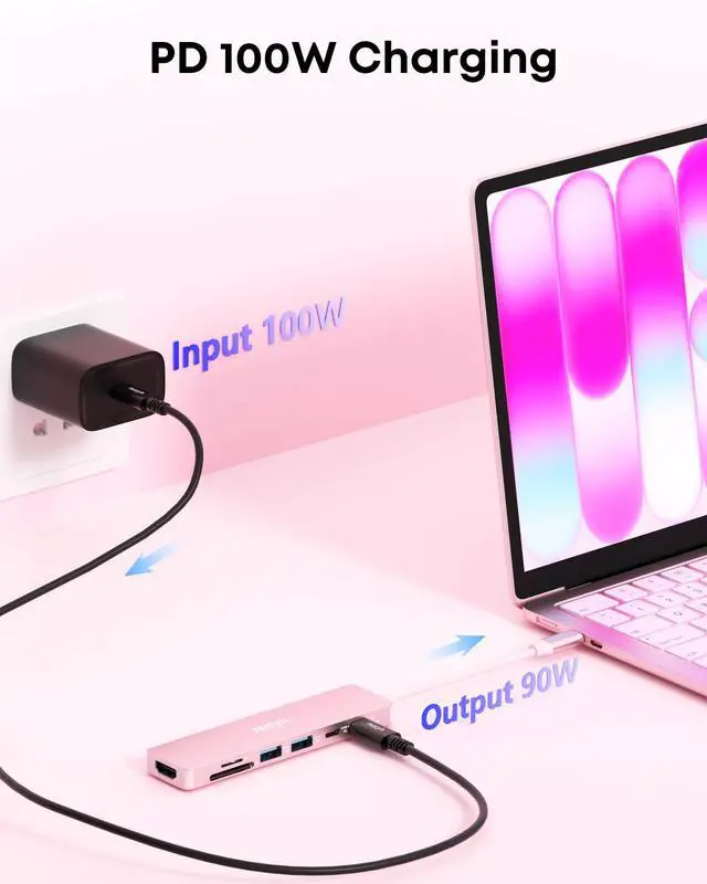 Alt view image 4 of 7 - 7-in-1 USB C Hub with 4K@60Hz HDMI, 2 USB-A, 1 USB-C, 100W PD Charging, SD 3.0 /TF 3.0 Card Reader, Compatible with MacBook Pro/Air/Neo, iPad Pro, iMac, iPhone 15-17 (Blush)