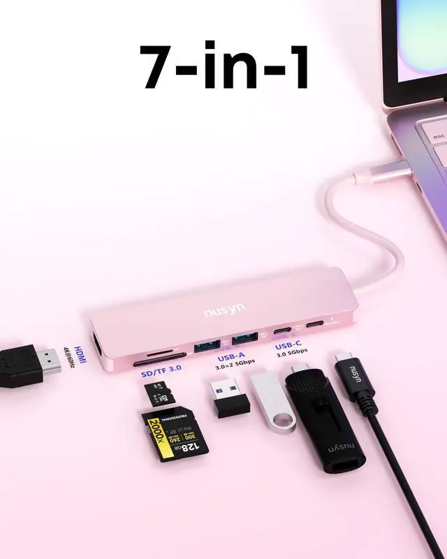 Alt view image 6 of 7 - 7-in-1 USB C Hub with 4K@60Hz HDMI, 2 USB-A, 1 USB-C, 100W PD Charging, SD 3.0 /TF 3.0 Card Reader, Compatible with MacBook Pro/Air/Neo, iPad Pro, iMac, iPhone 15-17 (Blush)