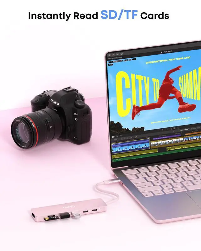 Alt view image 7 of 7 - 7-in-1 USB C Hub with 4K@60Hz HDMI, 2 USB-A, 1 USB-C, 100W PD Charging, SD 3.0 /TF 3.0 Card Reader, Compatible with MacBook Pro/Air/Neo, iPad Pro, iMac, iPhone 15-17 (Blush)